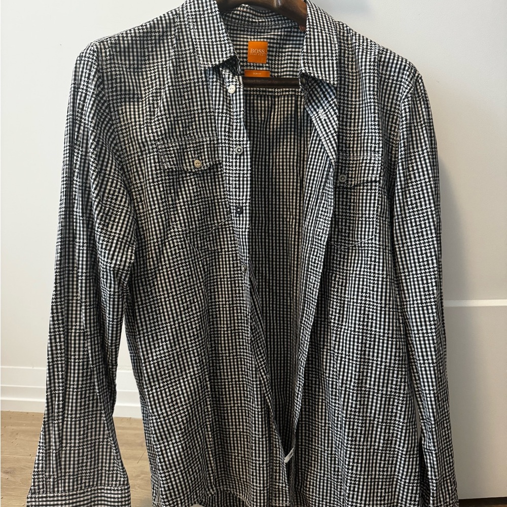 Hugo Boss- black and White Checkered Button-Up Shirt